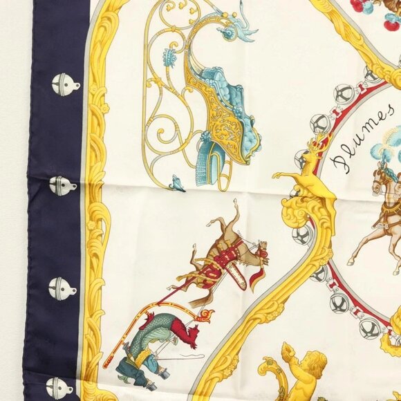 HERMES Carre 90 Scarf ""Plumes et Grelots"" Silk Navy - Picture 5 of 14